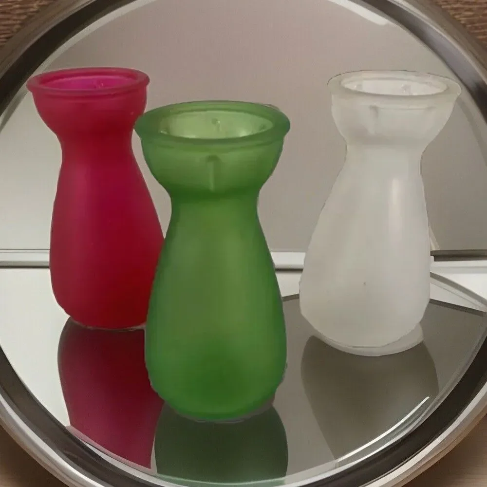 3 Bud Vases Red Pink, Frosted White Brilliant Green 4” Tall Cottagecore